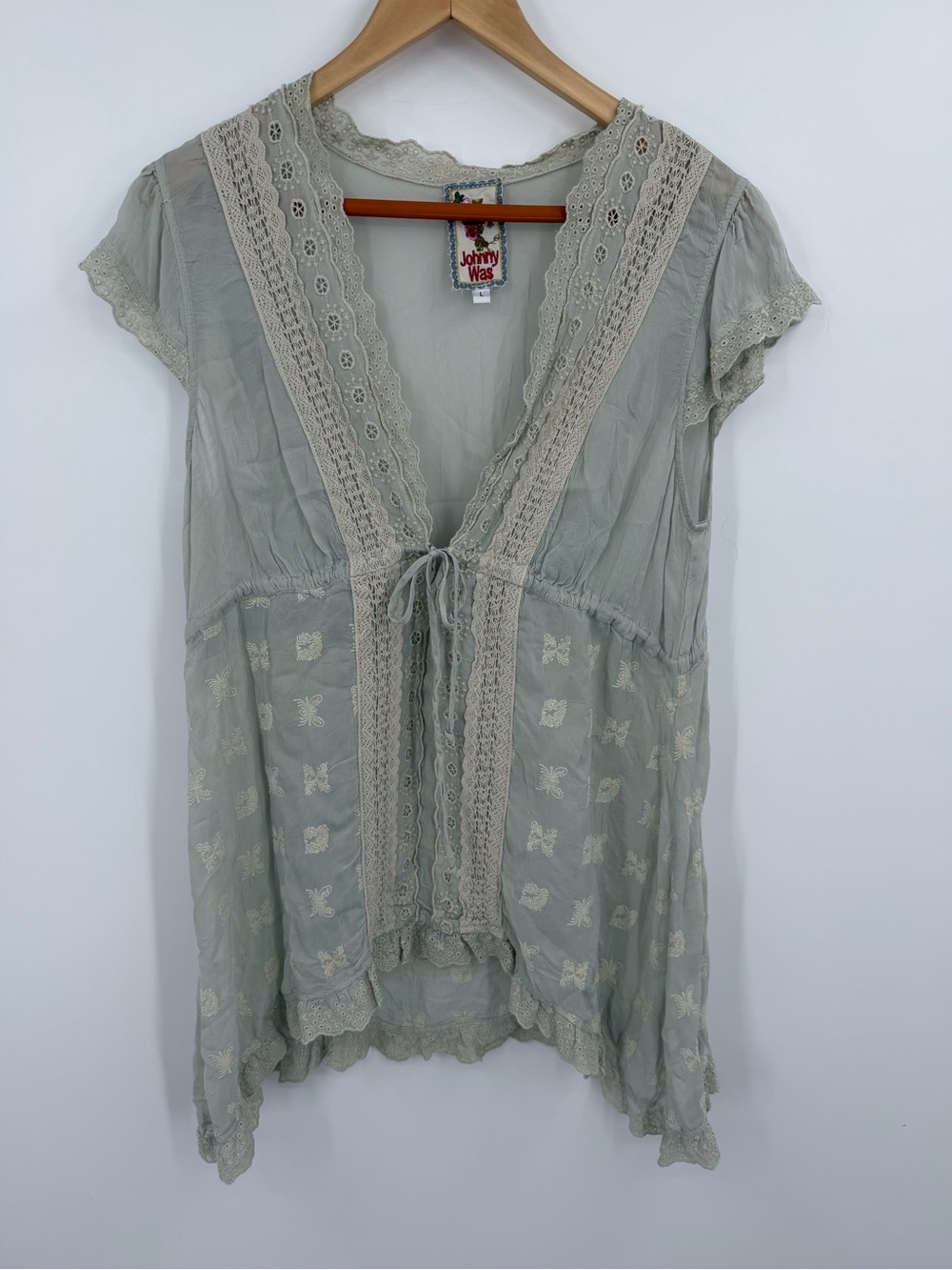 Johnny Was Gray Butterfly Embroidered Lace Trim Tie Front Blouse Top L
